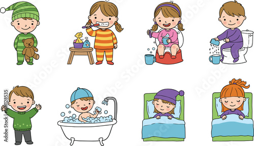 Daily routine kids cartoon illustration, brushing teeth, potty training, bathing, sleeping, hygiene habits, bedtime, morning routine, cute children activity, colorful clipart, playful
