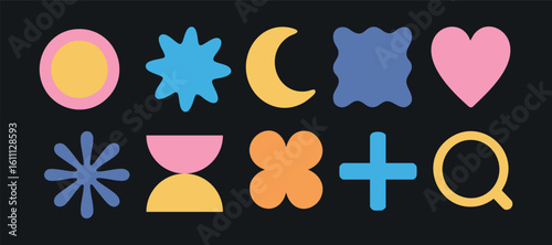 Shape y2k Bauhaus abstract circle cross plus moon heart sun crescent design for playful visuals. Works for soft colorful elements and clean interfaces. Perfect for apps or websites.