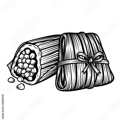 Illustration of two tamales one opened showing filling and one tied with bow