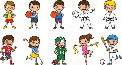 Kids playing sports cartoon, basketball, baseball, football, karate, gymnastics, volleyball, golf, running, active children illustration, physical activity, fitness, colorful clipart, fun