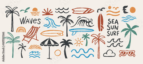 Hand-drawn doodle beach and surf icon vector set in retro colors with tropical elements like palm trees, waves, surfboards, and sun. Perfect for summer designs, t-shirts, posters, and coastal designs.