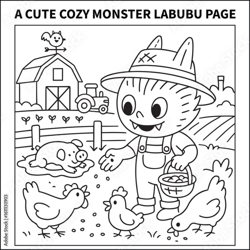 A cute, cosy Monster Farmer Feeding Chickens and Collecting Eggs. Bold and easy coloring pages for kids, teens, and adults.