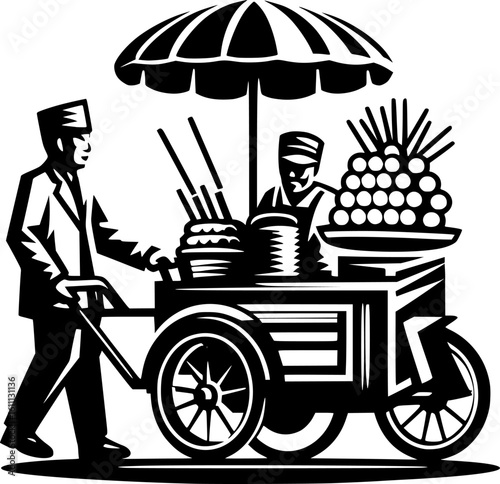 Minimalist black and white icon of a bakso seller with clean lines, no shading, perfect for stickers, logos, or digital use in modern geometric style.