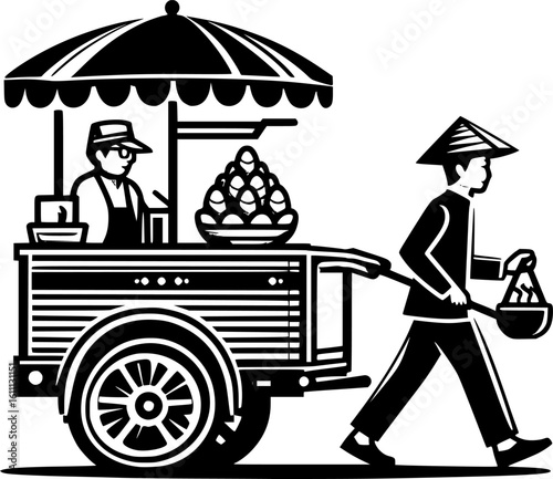 Minimalist black and white icon of a bakso seller with clean lines, no shading, perfect for stickers, logos, or digital use in modern geometric style.