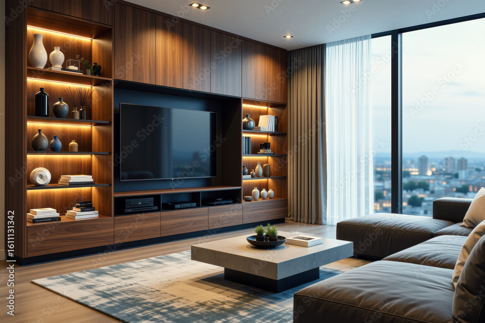 Fototapeta premium A modern living room showcases a large entertainment center with built-in shelving, a sleek television, and a comfortable gray sectional sofa facing a minimalist coffee table with a city skyline vis
