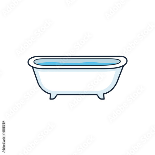 Bathtub Icon with Water, Clean White Tub Illustration