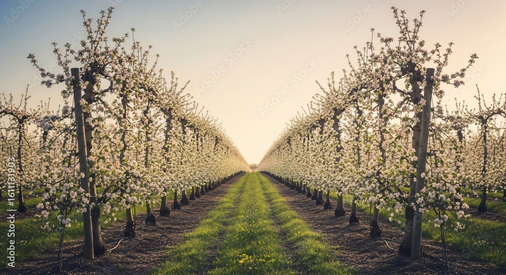 Naklejka premium Blooming Orchard: A Tranquil Pathway Through Rows of Blossoming Trees