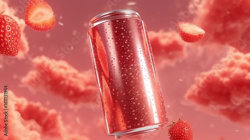 Strawberry Soda Can Floating in Dreamy Pink Cloudscape with Fresh Strawberries