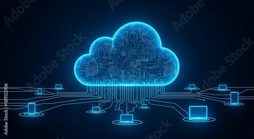 Glowing Blue Circuit Board Cloud Icon with Connections to Various Digital Devices Representing Network Infrastructure