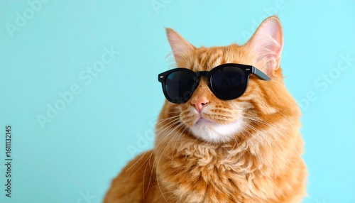 Close-up portrait of a funny ginger cat wearing cool black sunglasses, looking stylish and isolated on a solid light cyan background