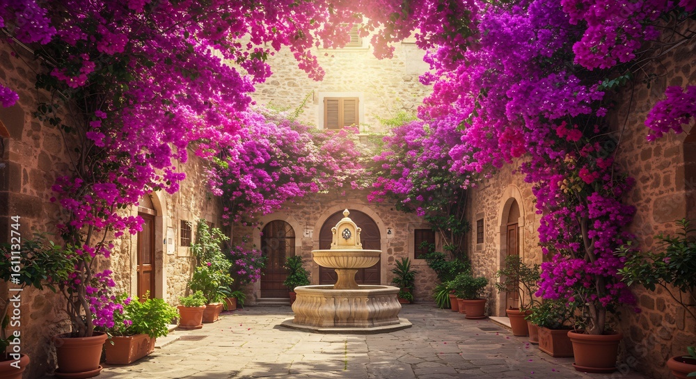 Fototapeta premium Charming Mediterranean Courtyard with Vibrant Bougainvillea and Stone Fountain