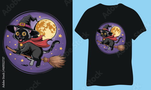 A whimsical illustration of a black cat dressed as a witch, riding a broomstick across a starry night sky with a large moon.