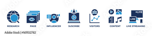 Digital Influence Strategy Icons set vector illustration blue with Research, Page, Influencer, Suscribe, Visitors, Content, Live streaming