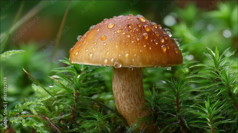 A single golden-brown mushroom with water droplets on its cap, placed on a bed of moss, surrounded by vibrant green foliage for contrast A single golden-brown mushroom with water droplets on its cap, placed on a bed of moss, surrounded by vibrant green foliage for contrast