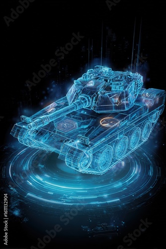 A futuristic holographic tank design with glowing blue lines and circular patterns. The tank appears to be floating above a digital interface.