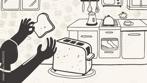 Illustration of a kitchen scene with hands tossing toast near a toaster and kitchen appliances silhouette