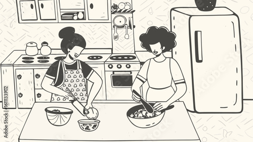 Two women cooking together in a kitchen with appliances and utensils in a black and white illustration silhouette