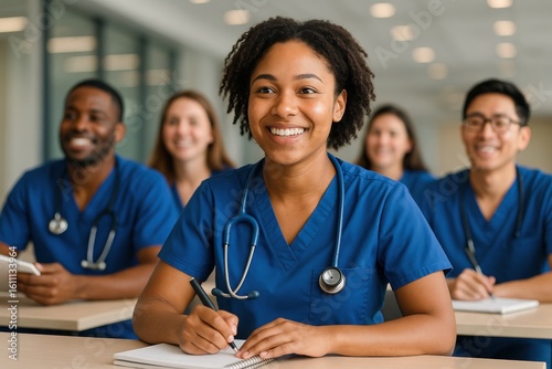 Nurses Learning and Studying: A group of nurses, immersed in a classroom setting, engaged in note-taking, radiating positivity and focused on their studies.
