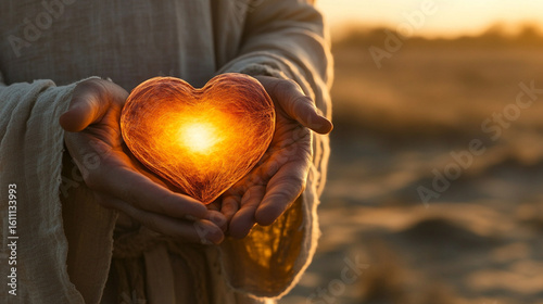 Close-up of Jesus gently holding a glowing cracked heart in His palms, warm light shining through, desert background