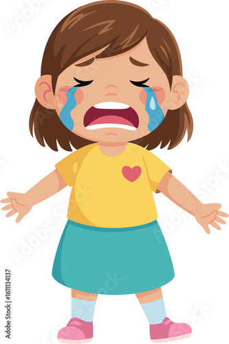 Crying little girl, sad cartoon character, emotional child, tears on face, upset expression, tantrum moment, flat illustration, childhood emotion, parenting, stress, care