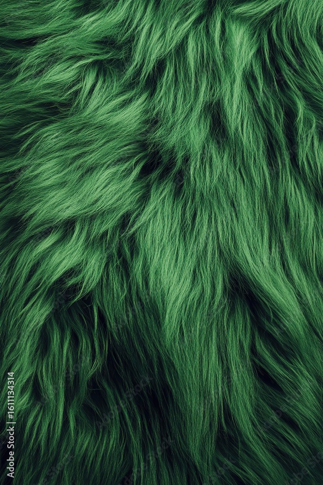 Obraz premium A close-up view of soft, fluffy green fur. The texture is thick and vibrant, showcasing various shades of green. Ideal for backgrounds or textile designs.
