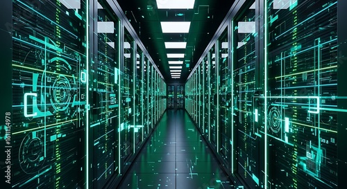 Futuristic data center corridor with long rows of server racks illuminated by vibrant green glowing circuit patterns.