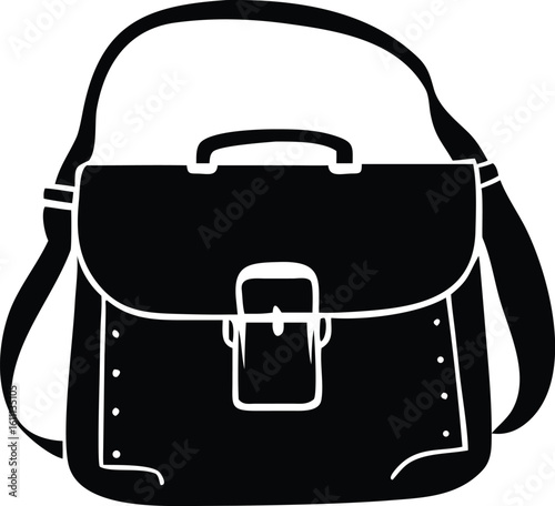 Black and White Illustration of Messenger Bag with Shoulder Strap and Top Handle