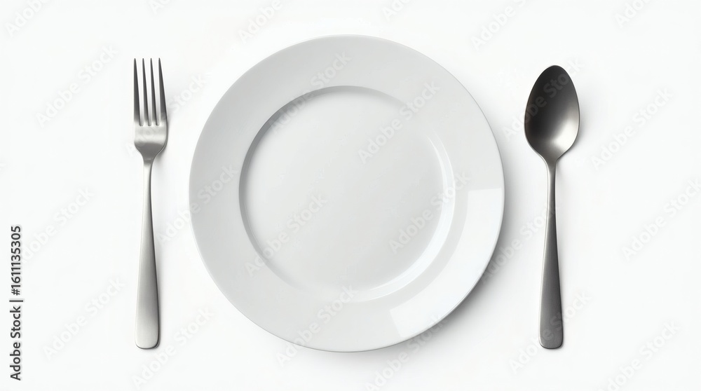 A hyper-realistic, isolated plate sits centrally on a pristine white background, with a slender knife, a rounded spoon, and a tapered fork positioned precisely on its side. A hyper-realistic, isolated plate sits centrally on a pristine white background, with a slender knife, a rounded spoon, and a tapered fork positioned precisely on its side.
