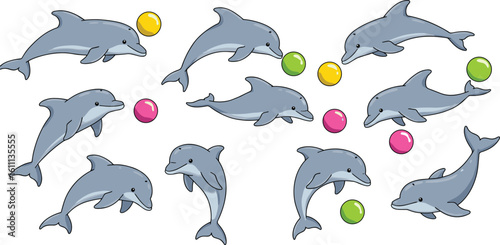 Cute cartoon dolphins playing colorful balls, funny dolphin illustrations, playful marine animals, ocean life vector, kids friendly, happy dolphins collection, underwater fun, animal character set