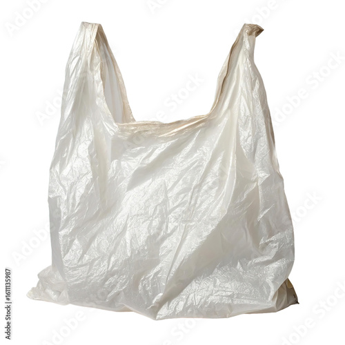 An empty white plastic bag with handles is isolated on a transparent background showing its crumpled