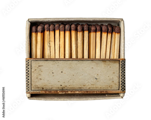 A vintage matchbox filled with wooden matches is isolated on a transparent background showing its aged