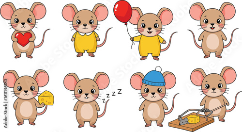 Cute cartoon mice collection, adorable little mice characters, holding cheese, red balloon, heart, sleeping, winter hat, playful mouse illustrations, kids 