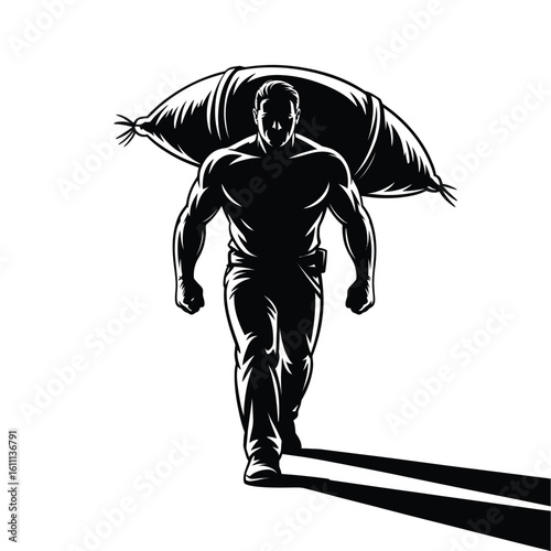 Strong man carrying a large sack silhouette isolated on white background