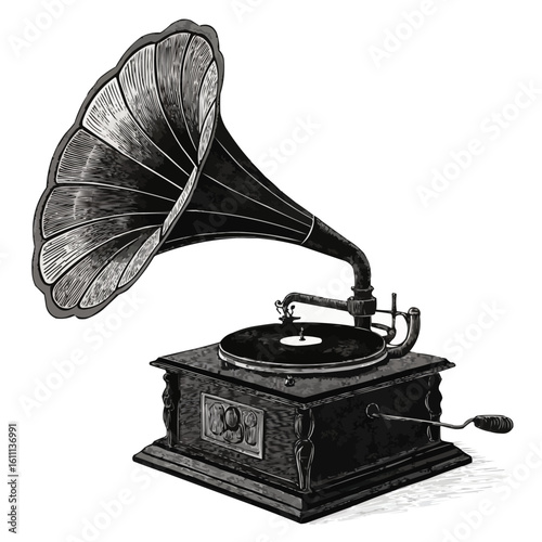 Silhouette of a gramophone record player with spinning disc, solid black nostalgic design