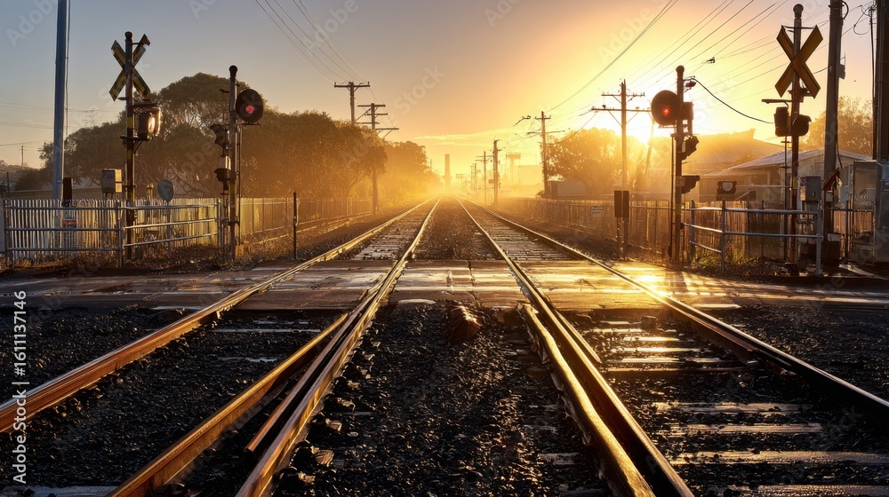 Obraz premium A train crossing a railway track at sunrise, with the golden light of the early morning casting long shadows over the rails