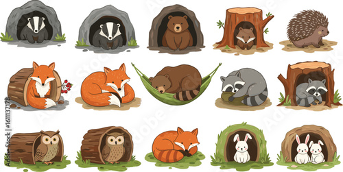 Cute forest animals resting in burrows, caves, logs, and trees, woodland creatures sleeping, wild animals in shelters, cartoon style wildlife illustration, cozy animal habitat