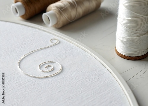 Thread forming small spiral near edge of white paper