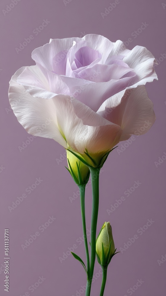 Obraz premium Soft lisianthus flower on flat lilac background, template for social media banner, digital marketing, web, mobile wallpaper, greetings card