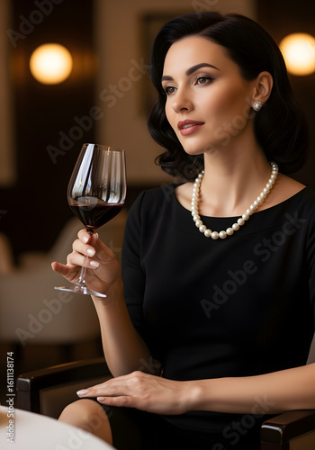 A sophisticated woman in a black dress holding a glass of red wine, adorned with a pearl necklace. She has elegant makeup and styled hair, seated in a refined setting.