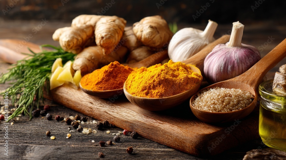 Fototapeta premium A vibrant display of various natural remedies like ginger, garlic, and turmeric, arranged beautifully on a wooden cutting board for a healthy lifestyle theme