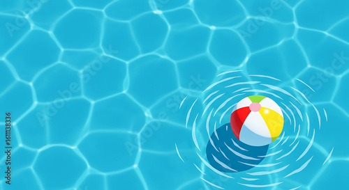 Colorful Beach Ball Floating in Blue Water with Ripples. Summer Pool Fun, Vacation, and Relaxation Background.