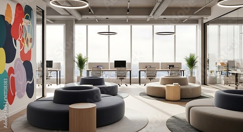 Contemporary open-plan office featuring large windows, a vibrant abstract mural, and rounded communal seating in natural light.