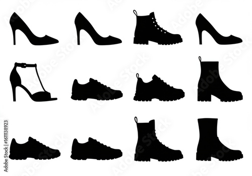 Collection of black shoe silhouettes including heels boots and sneakers