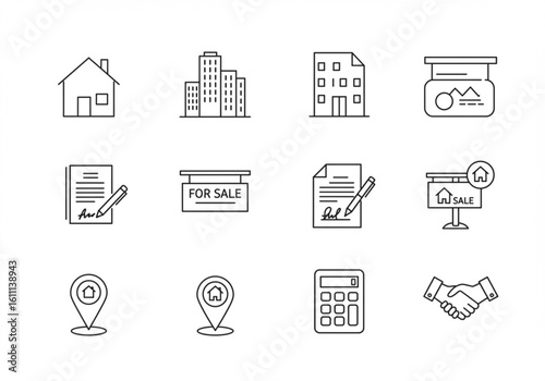 Real estate icons set featuring houses contracts calculator and handshake