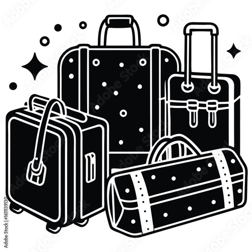 Comprehensive Silhouette Set of Travel Gear Featuring Bags and Suitcases in Various Sizes