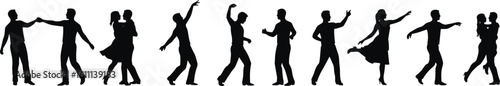 Dance silhouette collection, romantic couple dancing poses, male and female movement art, vector illustration set, elegant choreography figures, isolated black figures for design.