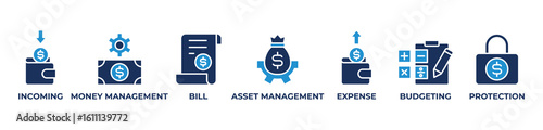 Comprehensive Money Management Icons set vector illustration blue with Incoming, Money management, Bill, Asset management, Expense, Budgeting, Protection