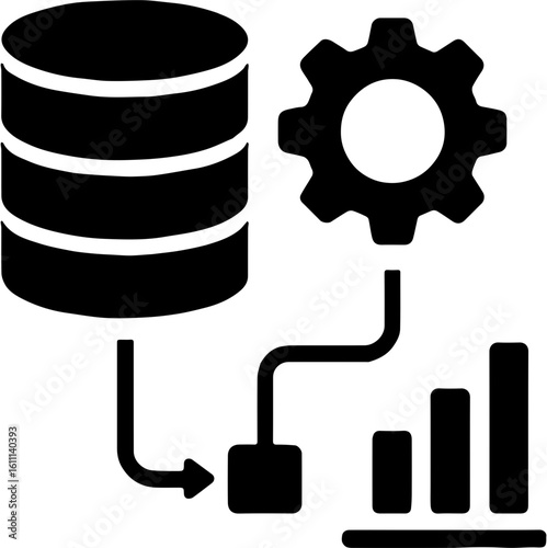 data processing icon with stacked database, gear, and bar chart connected by network lines