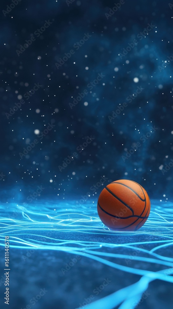 Obraz premium Basketball rests on glowing blue surface, dark background.