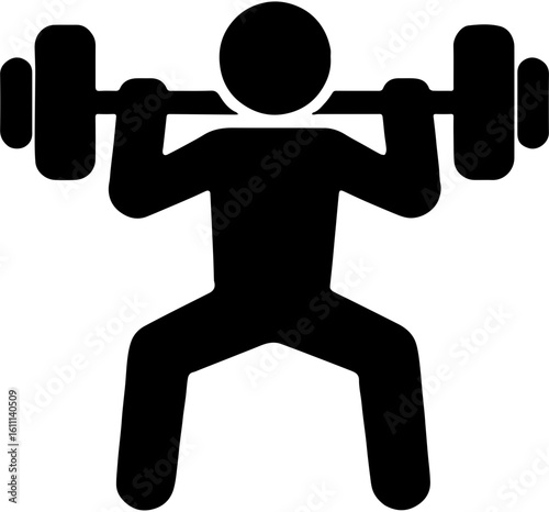 stick figure lifting barbell in squat position, strength training